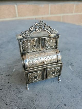 Continental Dutch 800 Silver Miniature Cabinet Desk Circa 1890