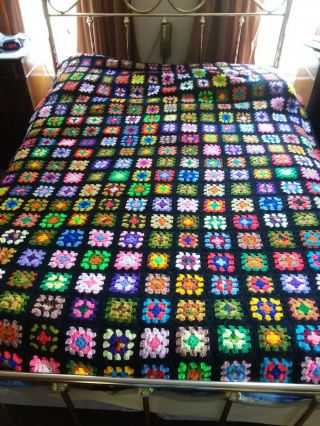 Vtg Large Granny Square Black Afghan Crochet Throw Blanket Roseanne 87 " X 75 "