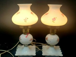 Pair Vintage Milk Glass Hurricane Style Table Boudoir Lamps With Shades