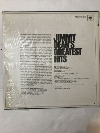 Jimmy Dean’s Greatest Hits Vinyl Lp 1966,  Mono,  Vg,
