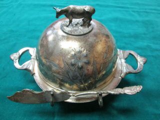 Antique Silverplate Butter Dish With Cow Finial: Wilcox Silverplate Co.  Meriden