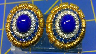 Stunning Vintage Signed Panetta Rhinestone Blue Lapis Cabachon Clip Earrings