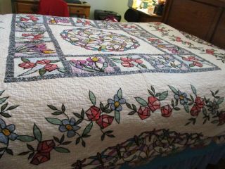 Vintage Handmade Quilt 82 X 84 Stained Glass All Cotton 2 Shams Also Incl.