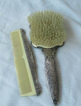 Boudoir Vtg Antique Sterling Silver 835 European Hair Brush & Comb Celluloid