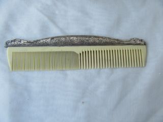 Boudoir Vtg Antique Sterling Silver 835 European Hair Brush & Comb Celluloid 3