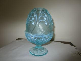 Vintage Fenton Blue Opalescent Art Glass " Lily Of The Valley " Fairy Lamp 2 Piece