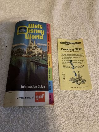 Vintage 1972 Walt Disney World Magic Kingdom Guide Brochure & Parking Ticket.