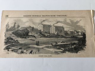 1855 Ballou’s Antique Print View Of Mills In Lewiston Falls Maine 82219
