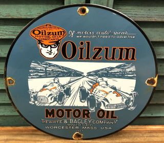 Old Vintage 1937 Oilzum Motor Oil Gas Porcelain Gas Station Pump Sign Mass