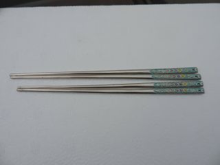 Vintage Lovely Pair Silver 70 Enamel Korean Chopstick 91 Gr 3.  2 Oz Korea