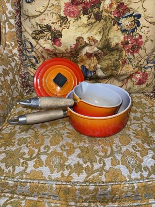 Vintage Le Creuset Cast Iron Sauce Pans Orange Flame Wood Handles 18 & 14