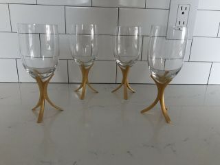 Vintage Fostoria Triumph Wine Glasses Gold Base Crystal Stemware Set Of 4