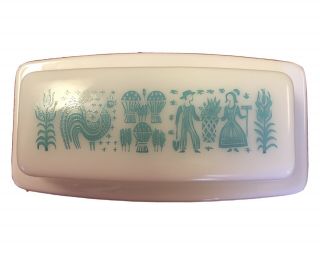 Vintage Pyrex Turquoise On White Amish Butterprint 35 Butter Dish