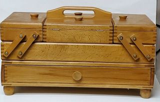 Vintage Wooden Accordian Style Fold - Out Expandable Sewing Box Romania Feet Euc