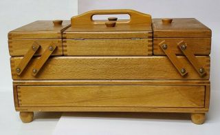 Vintage Wooden Accordian Style Fold - Out Expandable Sewing Box Romania Feet EUC 3