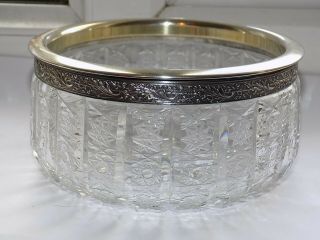 Vintage Russian Hallmarked Silver Rimmed Bright Cut Glass Bowl D 14.  5 Cm