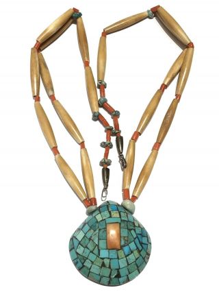 Vtg Santo Domingo Turquoise Inlaid Shell Pendant Bovine Bone Bead Necklace 26”