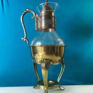 Vintage F B Rogers Glass Pitcher Brass Silver Plate Carafe With Warmer Stand