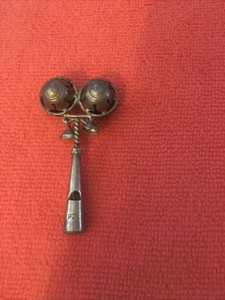 Antigue Silver Baby Rattle /whistle With 2small Bells &2 Larger Bells