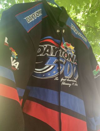 Vtg Black Denim Daytona 500 Nascar Jacket 2002 Men’s Lg Great American Race Euc
