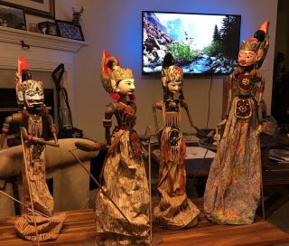4 Carved Wayang Golek Wooden Bali Puppet Indonesia Asian Stick Puppet Marionette