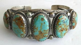 Vintage Navajo Old Pawn Heavy Sterling Silver Turquoise Cuff Bracelet Signed B A