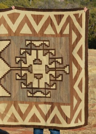 Large Old Navajo Indian Rug - Natural Wools Soft Browns Tans White - 77 