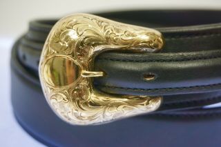Harry H.  Hudson 3 Piece Ranger Belt Buckle 14K Gold Engraved Vogt Belt 34 3