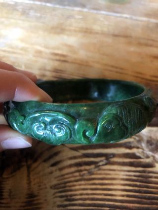 Vintage Dark Green Carved Jade Bangle