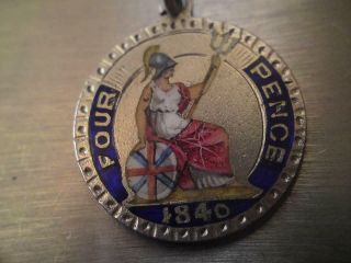 Antique Victoria Fourpence Groat 1840.  925 Silver Enamel Fob Watch Charm Pendant