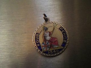 Antique Victoria Fourpence Groat 1840.  925 Silver Enamel Fob Watch Charm Pendant 3