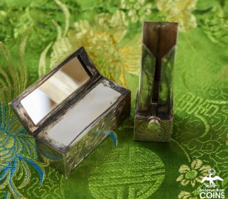 Vintage Japanese.  950 Silver Etched Lipstick Holder /case W/flip Up Mirror