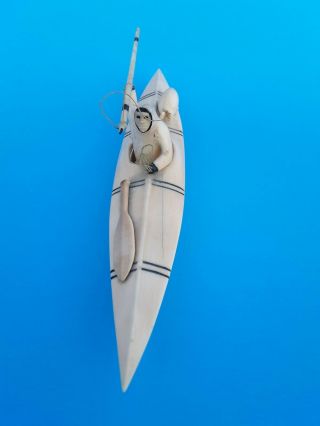 Vintage Inuit Eskimo Carved Fisherman Hunter on Kayak Boat w/ Oar Harpoon Seal 6