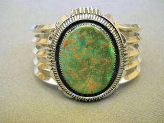 Native American Indian Green Turquoise Sterling Silver Cuff Bracelet Signed Ltb