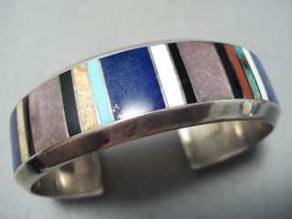 Signed Intricate Vintage Navajo Turquoise Coral Sterling Silver Inlay Bracelet