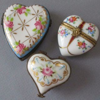 3 Vintage French Limoges Porcelain Hp Hinged Trinket Boxes Heart Shape W Flowers