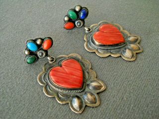 Native American Navajo Multi - Stone Sterling Silver Heart Repousse Post Earrings