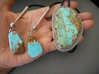 Huge Native American Turquoise Sterling Silver Bolo Tie With Turquoise Dangles