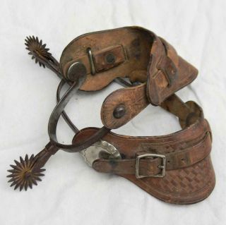 Western Americana 1880th August Buermann Pair Forged Spurs,  Orig Leather Straps