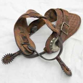 Western Americana 1880th August Buermann pair forged spurs,  orig leather straps 2