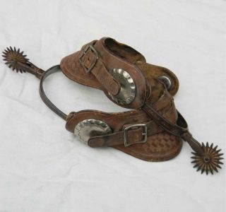 Western Americana 1880th August Buermann pair forged spurs,  orig leather straps 3