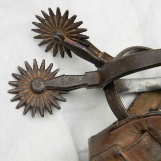 Western Americana 1880th August Buermann pair forged spurs,  orig leather straps 4