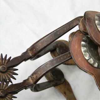 Western Americana 1880th August Buermann pair forged spurs,  orig leather straps 5