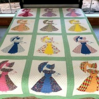 Vintage Feed Sack Hand Sewn Colonial Lady Applique Quilt; 88 " X 78 "