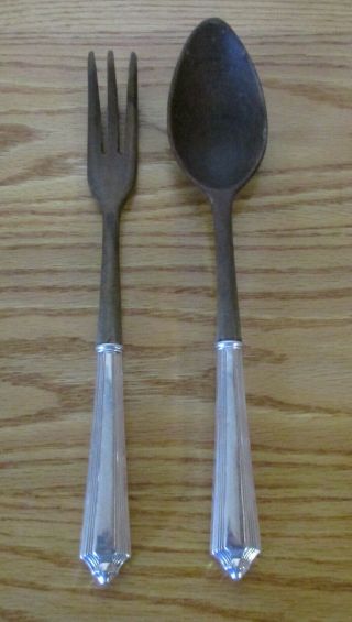 Gorham Plymouth Pattern Sterling Handle Wood Spoon & Fork Salad Set Mono R