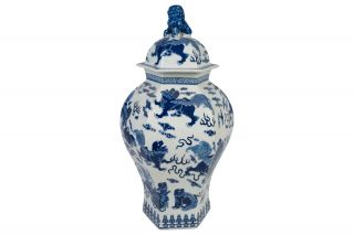 Blue & White Large Porcelain Hexagonal Foo Dog Temple Jar Ginger Jar 23 " Tall
