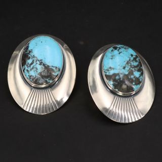 Vtg Sterling Silver Navajo Signed Turquoise Stone Striped Disc Earrings - 15.  5g