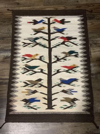 Navajo Tree Of Life Wool Rug 39” X 27” W/ Wood Mounts