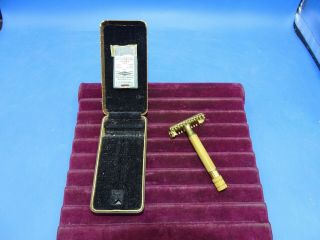 Vintage Gillette Gold Colored Safety Razor W/ Case & Blades