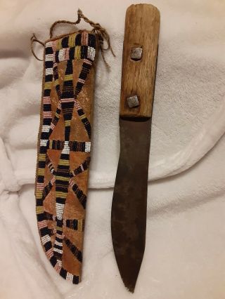 19th C Apache Native American Indian Trade Knife & Beaded Hide Sheath Scabbard